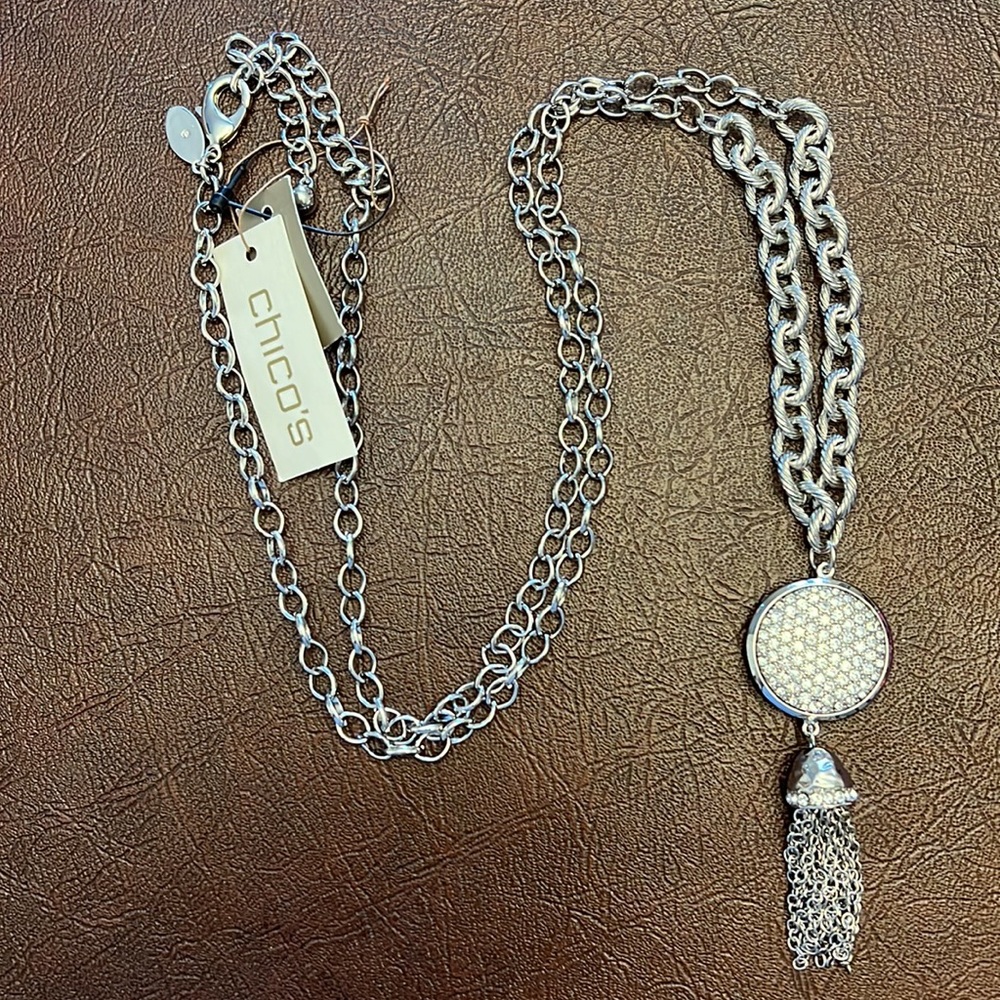 Chico’s Reversible Lara Tassel Long Silver Necklace